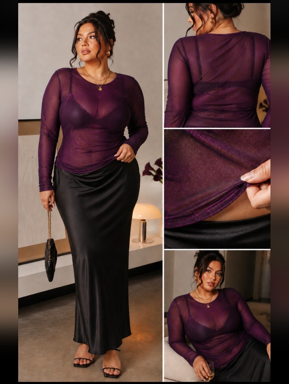 Ashley Stewart Sheer Purple Long-Sleeve Scoop Neck Top